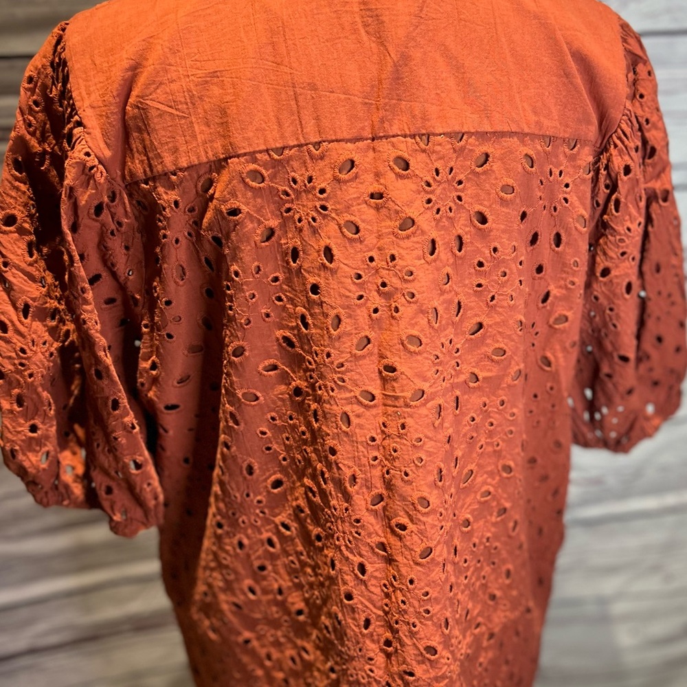 Women’s Eyelet Puff-Sleeve Blouse — Rust - Picture 5 of 10